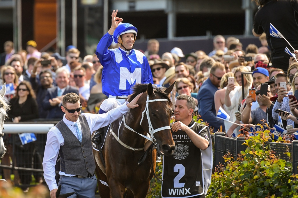 Winx returns to scale after winning the Turnbull Stakes.
