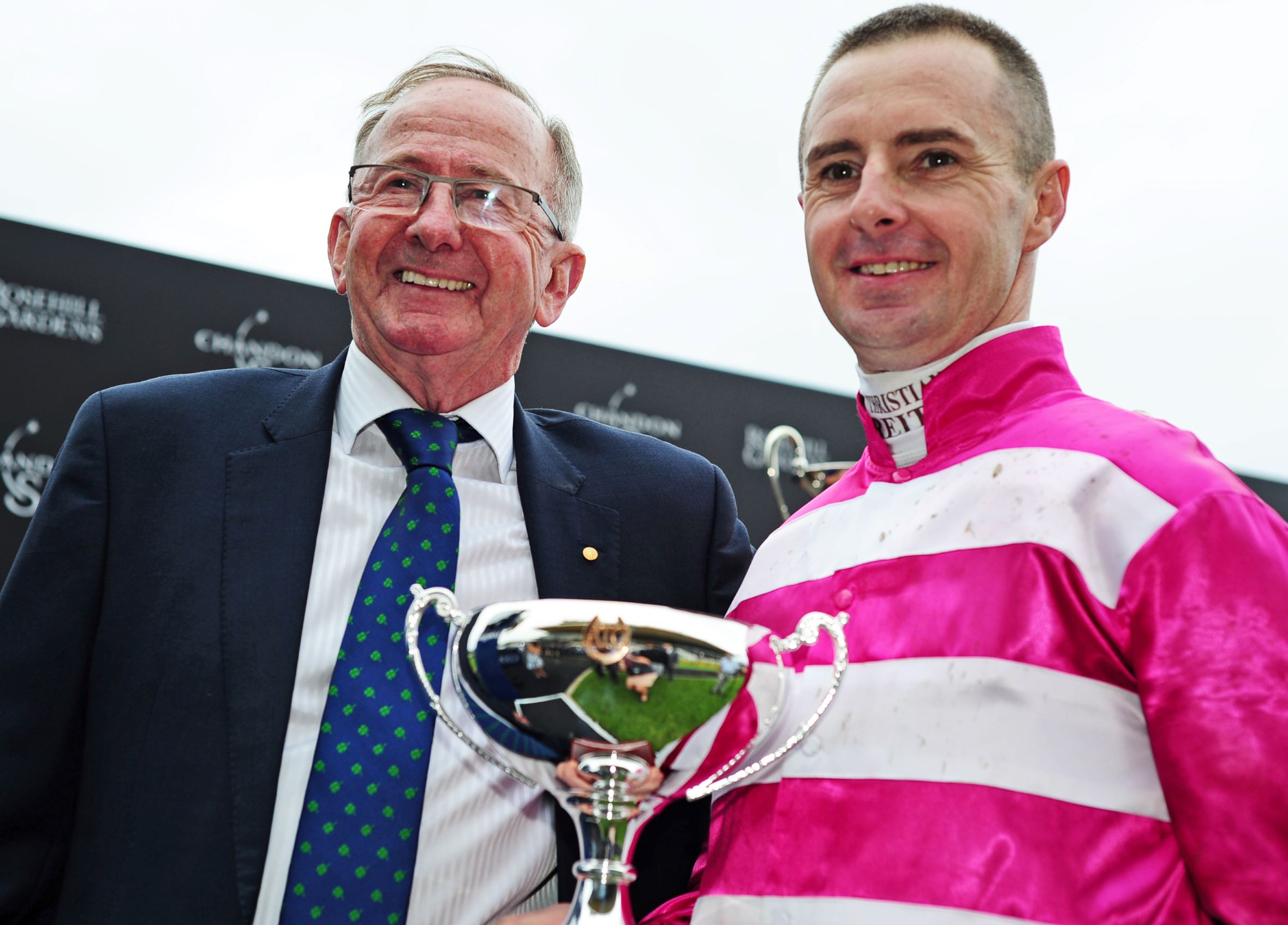 Trainer Ron Quinton and jockey Christian Reith after winning the Group One Coolmore Classic